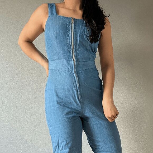 vtg 90s light blue cotton overalls onepiece zip‎ up summer romper boho small - Picture 6 of 9